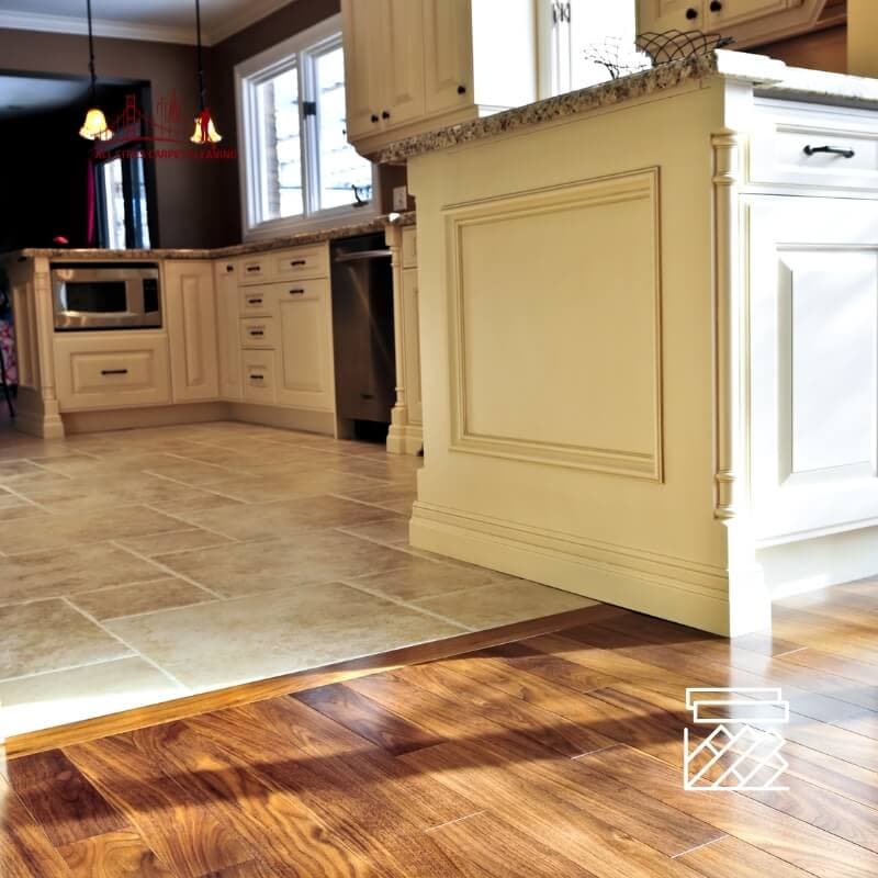 Clean kitchen floor with large polished tiles showing professional tile cleaning results
