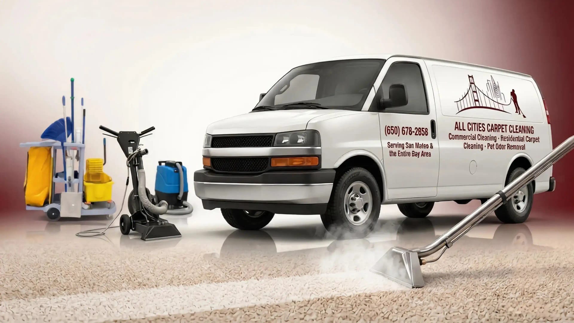 All-Cities Carpet Cleaning company van beside a truck-mounted steam wand cleaning beige carpet