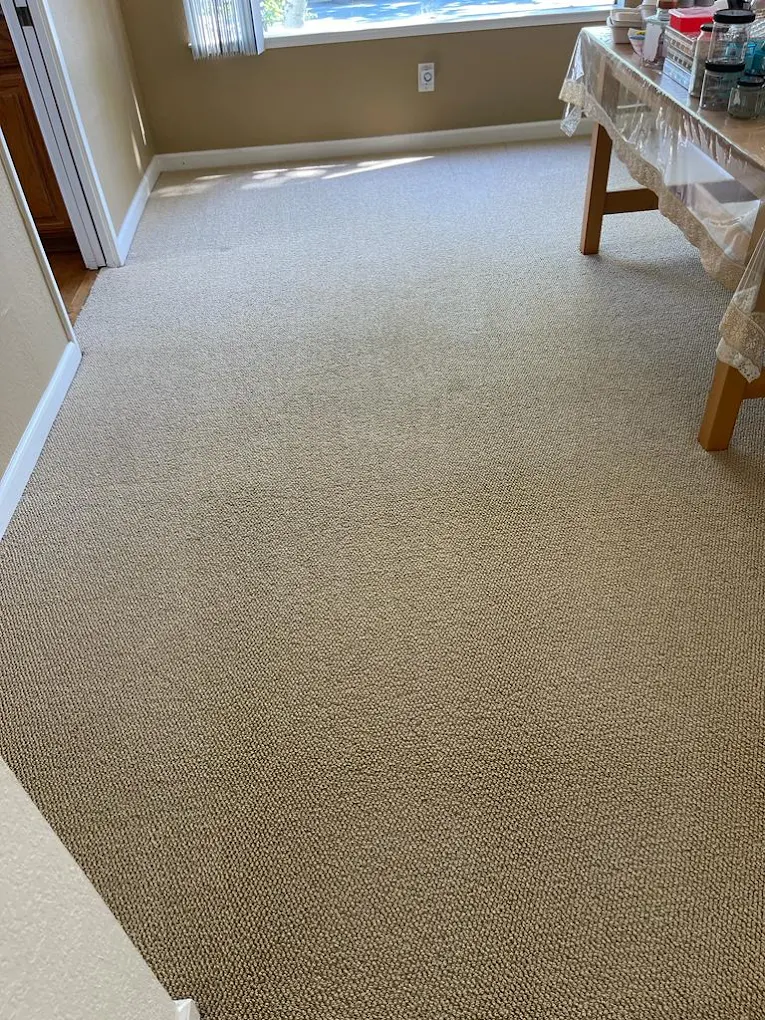 Dull, dirty bedroom carpet before professional cleaning and Bright, clean bedroom carpet after steam cleaning