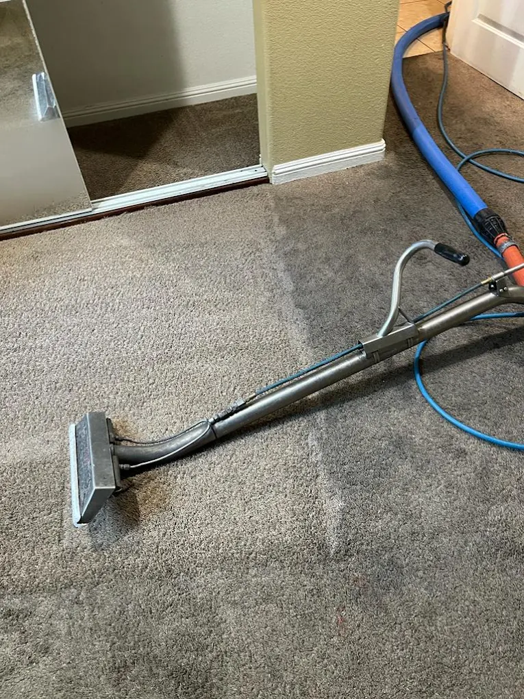 Dull, dirty bedroom carpet before professional cleaning and Bright, clean bedroom carpet after steam cleaning